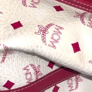 MCM Signature Logo Visetos Leather Raspberry and White Shoulder Bag! GUC